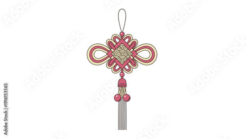 Traditional Chinese knot decorative ornament with red and gold cords and a long tassel used for luck, prosperity, and celebration decorations.