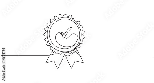 Continuous Line Drawing of Quality Badge with Checkmark and Ribbon,Single Line Art Award Badge with Stars and Ribbon