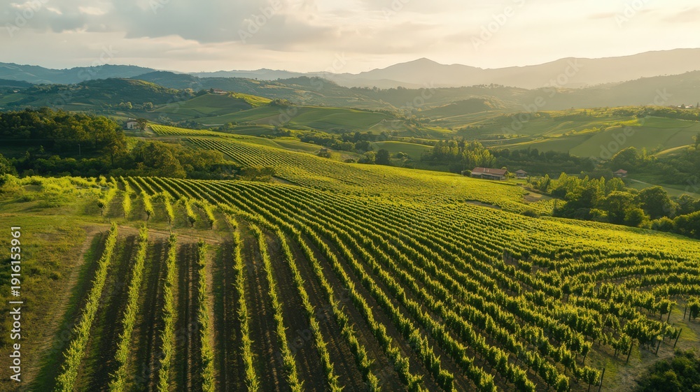 Fototapeta premium Aerial Shot of a Vineyard with Perfectly Aligned Rows Bathed in Warm Sunset Light Over Rolling Hills