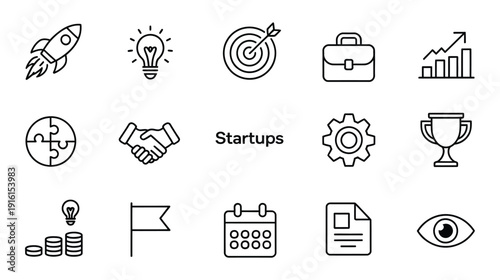 startup icons set, business strategy innovation growth analytics funding rocket launch and teamwork linear vector design.
