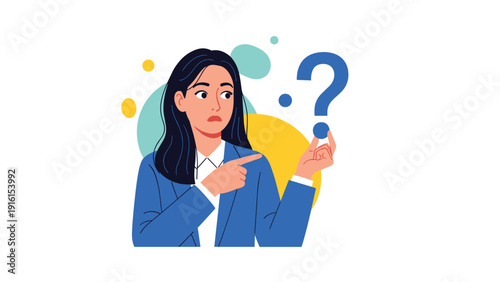Confused young woman in a blue suit pointing her finger at a large question mark icon against a colorful abstract background.