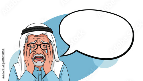 Elderly Arab man in traditional clothing crying and holding his head in sorrow next to a large blank speech bubble for custom messages.