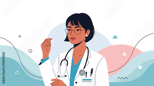 Professional female doctor wearing a stethoscope and holding a small pill against an abstract background of soft blue and pink waves.