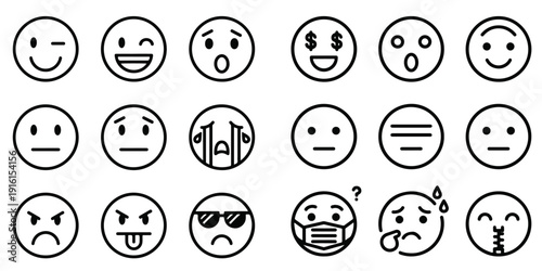 Emoticons icons set. Emoji faces collection. Emojis flat style. Happy happy, smile, neutral, sad and angry emoji. Line smiley face - stock vector