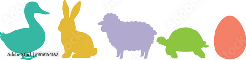 Farm animal silhouette set with duck rabbit sheep turtle and egg colorful flat vector illustration isolated easter and agriculture design