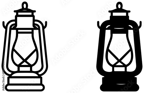Vintage kerosene lantern icons in black and white isolated on plain background for decoration and design