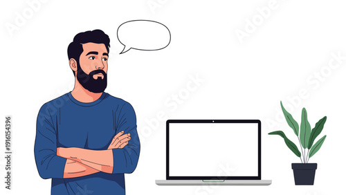 Thoughtful man standing with crossed arms next to his laptop computer on a desk with a blank speech bubble for your custom content.