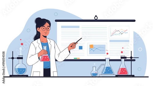 Professional female scientist in a white lab coat using a pointer to explain complex data and charts on a whiteboard in the laboratory.