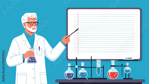 Experienced senior scientist holding a flask of blue liquid and pointing at a large blank whiteboard in a well equipped laboratory.