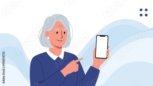 Happy senior woman with gray hair pointing her finger at a blank smartphone screen against a light blue wavy background illustration.