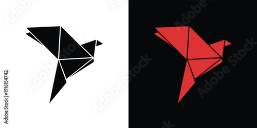 Black and red origami bird on contrasting backgrounds geometric