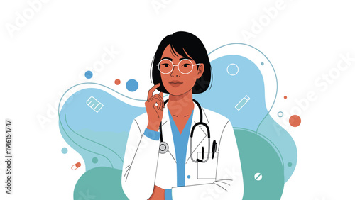 Professional female doctor in a white coat with a stethoscope around her neck looking thoughtful against a creative abstract background.