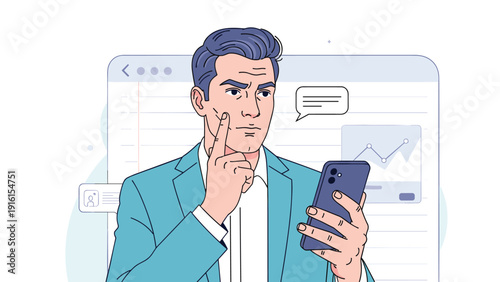 Businessman in a suit looking pensive while holding a smartphone with a browser window and data charts in the background graphic.