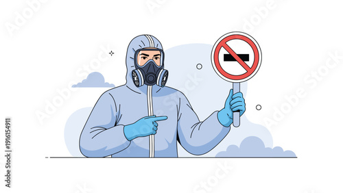Worker in a light blue hazmat suit and gas mask holding a round no entry sign and pointing his finger to warn about a danger zone.