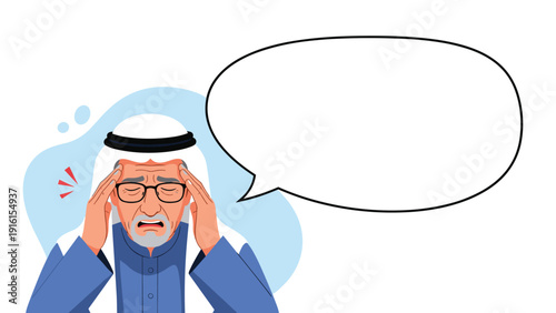 Senior Arab man in traditional clothing holding his head in pain with a large blank speech bubble next to him against a blue shape.