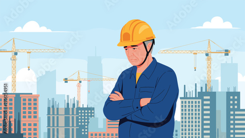 Senior construction worker in a blue uniform and yellow hard hat looking sad and disappointed with arms crossed at a building site.