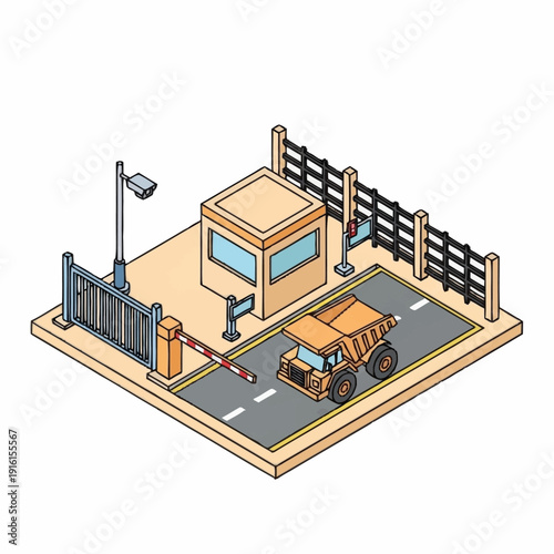 Isometric illustration of a security checkpoint with a guard booth and a vehicle passing through.