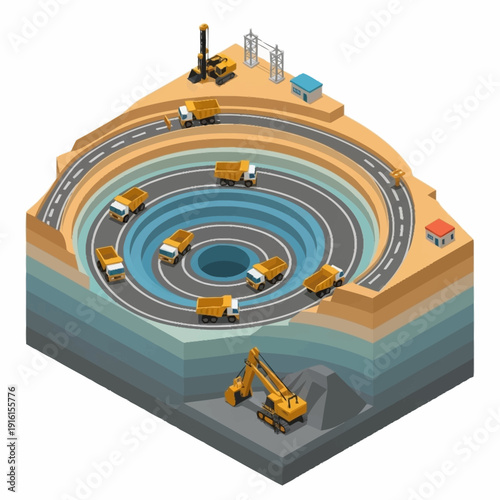 Isometric illustration of an open pit mine with heavy machinery and layered earth.