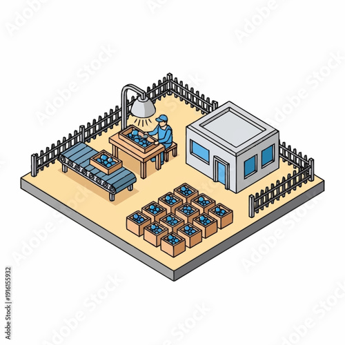 Isometric illustration of a fenced industrial facility with worker at desk.