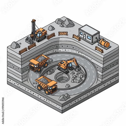 Isometric illustration of construction site with heavy machinery and workers.