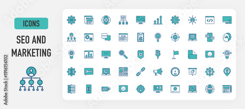 SEO and marketing icon vector. Website, Global, Flowchart, Graph, Clock, People, Coding, Responsive, Team, Browser, Chat Box, Blog, Clipboard, Keyword, Target, Ads, Think, Bulb, Chart illustration. 