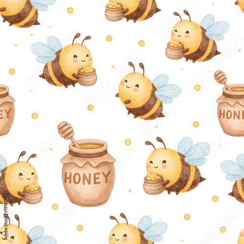Cute Watercolor Honey Bee and Honey Jar Seamless Pattern