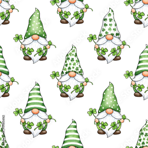 Seamless Pattern with St. Patrick's Day Gnomes and Shamrocks