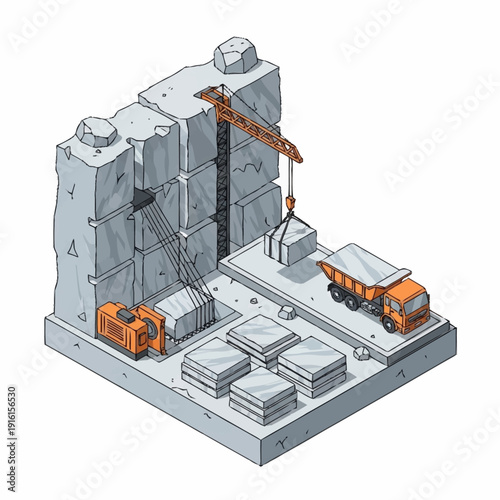 Isometric Construction Site with Crane and Concrete Blocks.