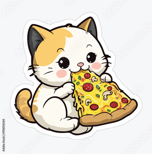 Adorable cartoon kitten sticker design featuring a cute white and orange feline happily consuming a large slice of cheesy pepperoni pizza illustratione