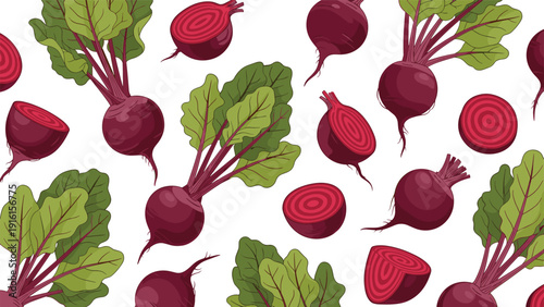 Vibrant seamless pattern of whole and sliced red beetroots with fresh green leaves and stems scattered on a clean white background for design.