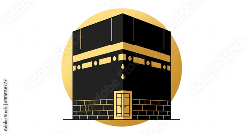 Kaaba mecca illustration with gold accents and circle background