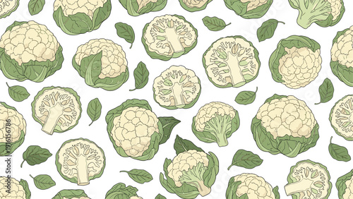 Seamless vegetable pattern featuring whole and sliced heads of cauliflower with green leaves in a hand drawn botanical style on white.