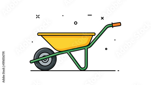 Bright yellow garden wheelbarrow with green handles and a single black wheel shown in a clean and modern vector illustration style on white.