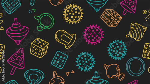 Vibrant seamless pattern with neon colored line icons of popular kids toys like dice, balls, and spinning tops on a dark black background.