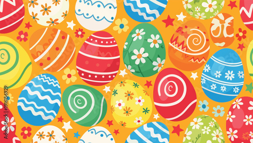 Cheerful seamless pattern featuring a variety of colorful decorated Easter eggs and small flowers and stars on a bright yellow background.