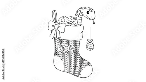 Adorable line art of a cute spotted snake peeking out from a knitted Christmas stocking labeled joy with a hanging ornament on a white background.