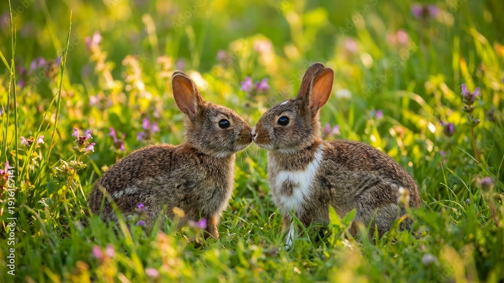 Fototapeta premium Two adorable wild baby rabbits touch noses sweetly amidst a vibrant field of lush green grass and tiny purple wildflowers during golden hour sunshine.