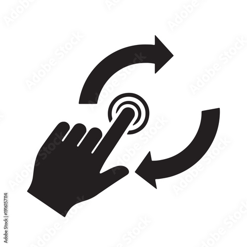 A hand pointing at a central circle with three surrounding arrows indicating rotation. Vector