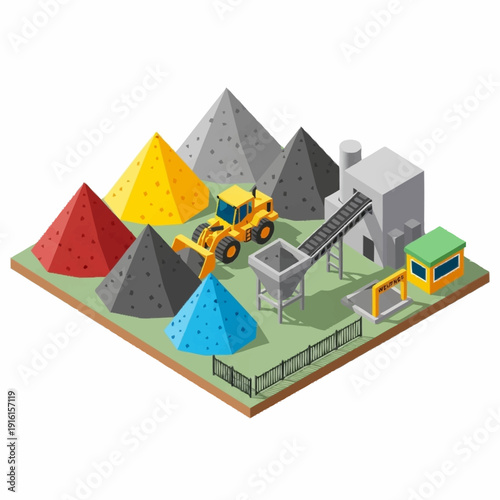 Colorful 3D illustration of construction site with machinery and aggregate piles.