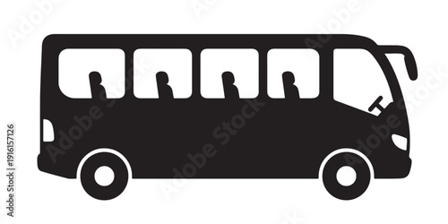 A black and white illustration of a bus with multiple passengers inside Vector