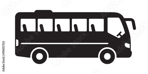 A black and white illustration of a bus with passengers inside. Vector