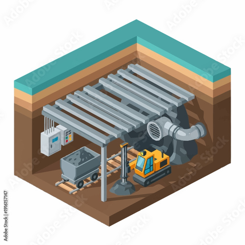 Underground geothermal energy system with pipes and machinery.