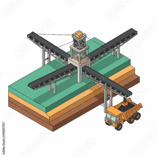 Industrial mining site with conveyor belts and heavy machinery.