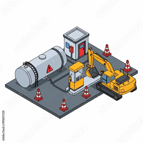Industrial construction site with excavator and fuel tank.