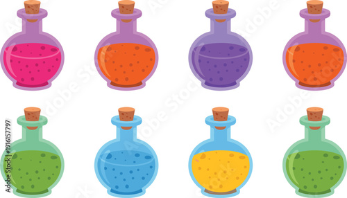 Magic potion bottles illustration, colorful fantasy elixir flask set, alchemy liquid flat vector isolated background modern design