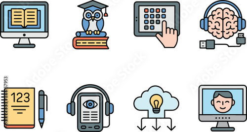 Online learning icons illustration, digital education training symbols set, e learning flat vector isolated background modern design