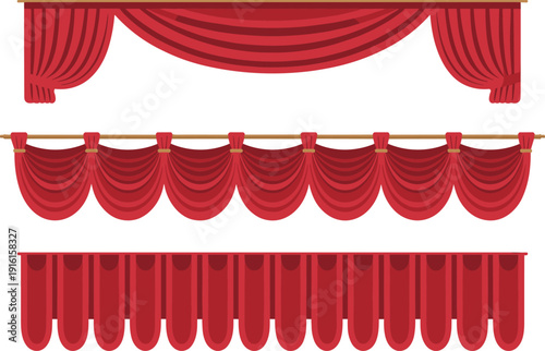 Red curtain illustration, theater stage drapery collection, luxury fabric decoration flat vector isolated background modern design concept
