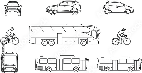 Transportation vehicle line art set with bus, car, hatchback, and bicycle side view icons