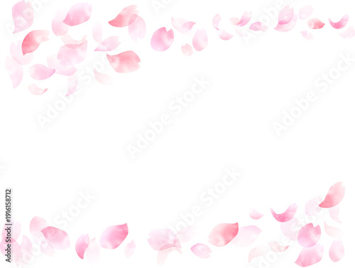 手描き　水彩 春の風に舞い散る桜の花びら 背景フレーム