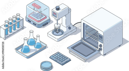 Isometric laboratory equipment set with beakers, test tubes, incubator, centrifuge, and scientific research tools